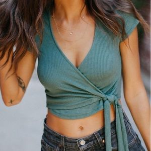 UO Project Social T Teal Tie-Front Ribbed Crop Top